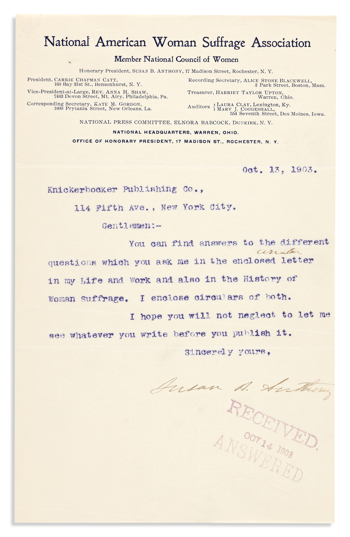 (SUFFRAGISTS.) ANTHONY, SUSAN B. Typed Letter Signed, to Knickerbocker Publishing Co.,